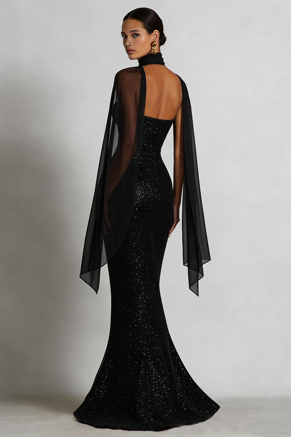 Sparkly Black Sequin Neck Scarf Sweetheart Long Mermaid Wedding Guest Dress