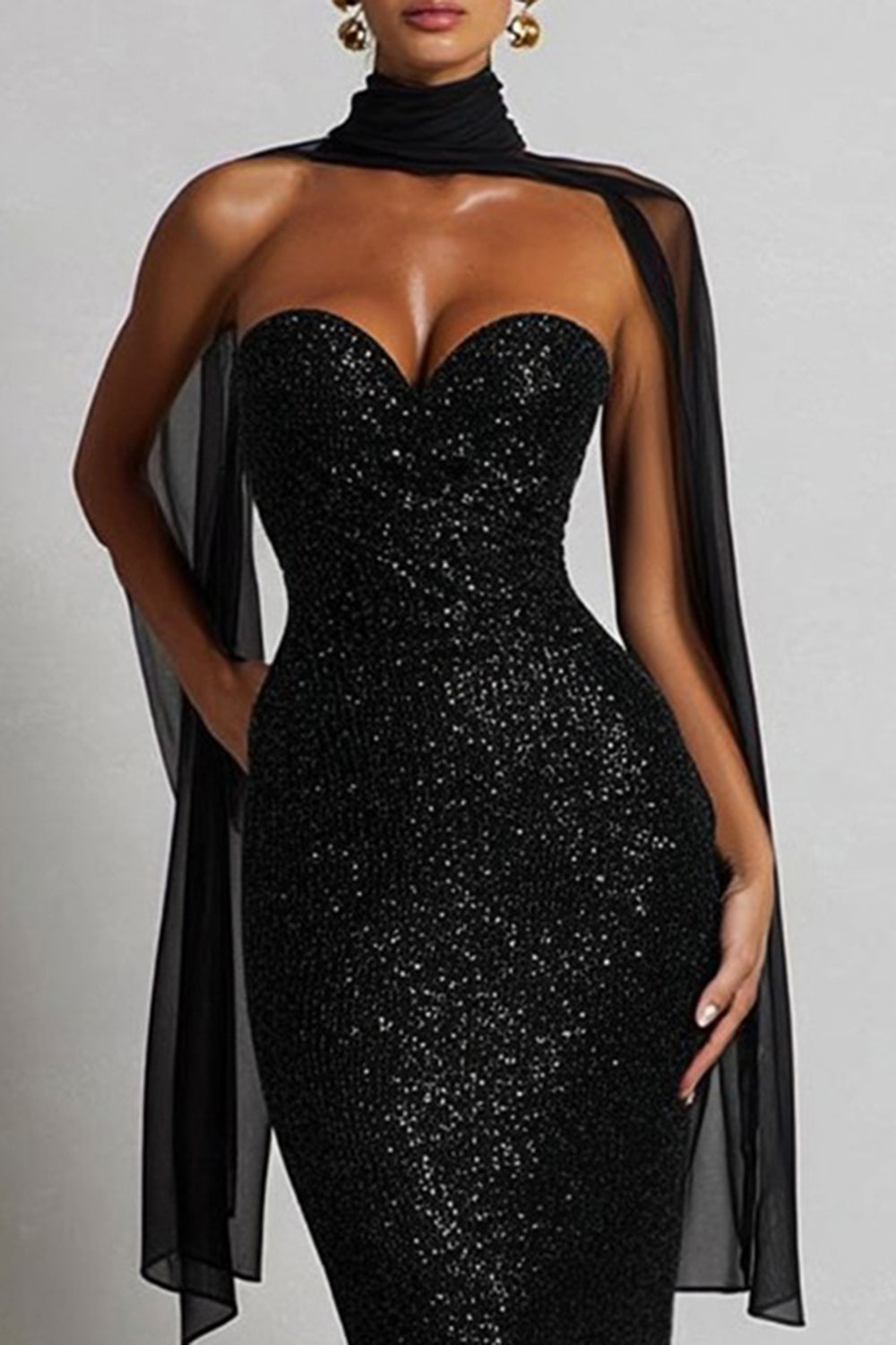 Sparkly Black Sequin Neck Scarf Sweetheart Long Mermaid Wedding Guest Dress