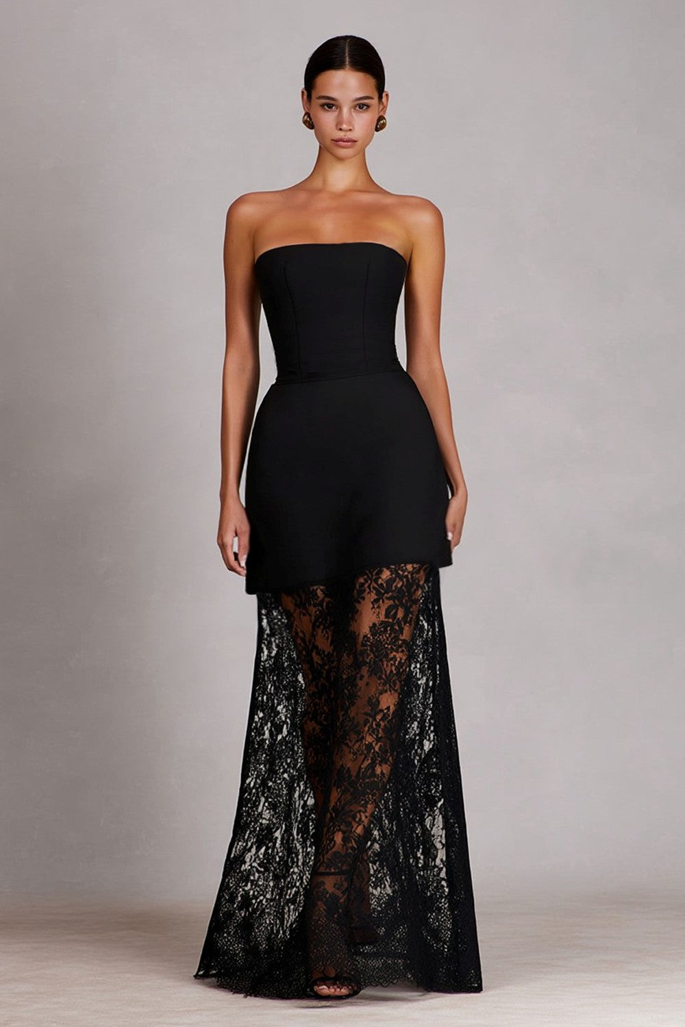Black Lace Sheath Strapless Long Wedding Guest Dress