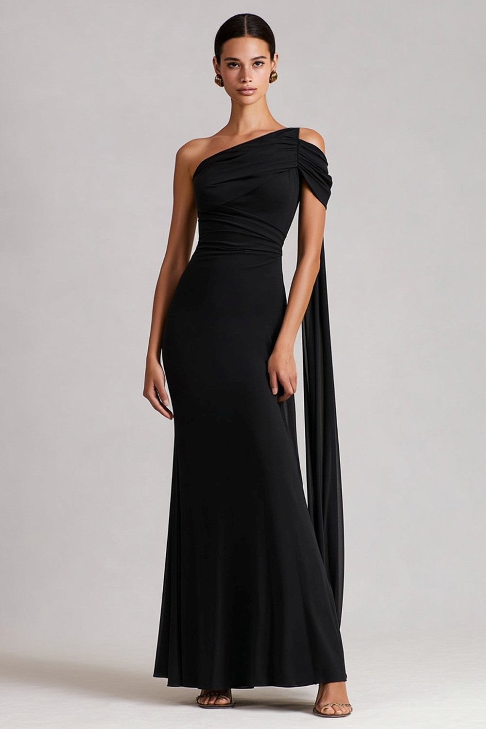 Black Mermaid One Shoulder Long Wedding Guest Dress with Side Cape