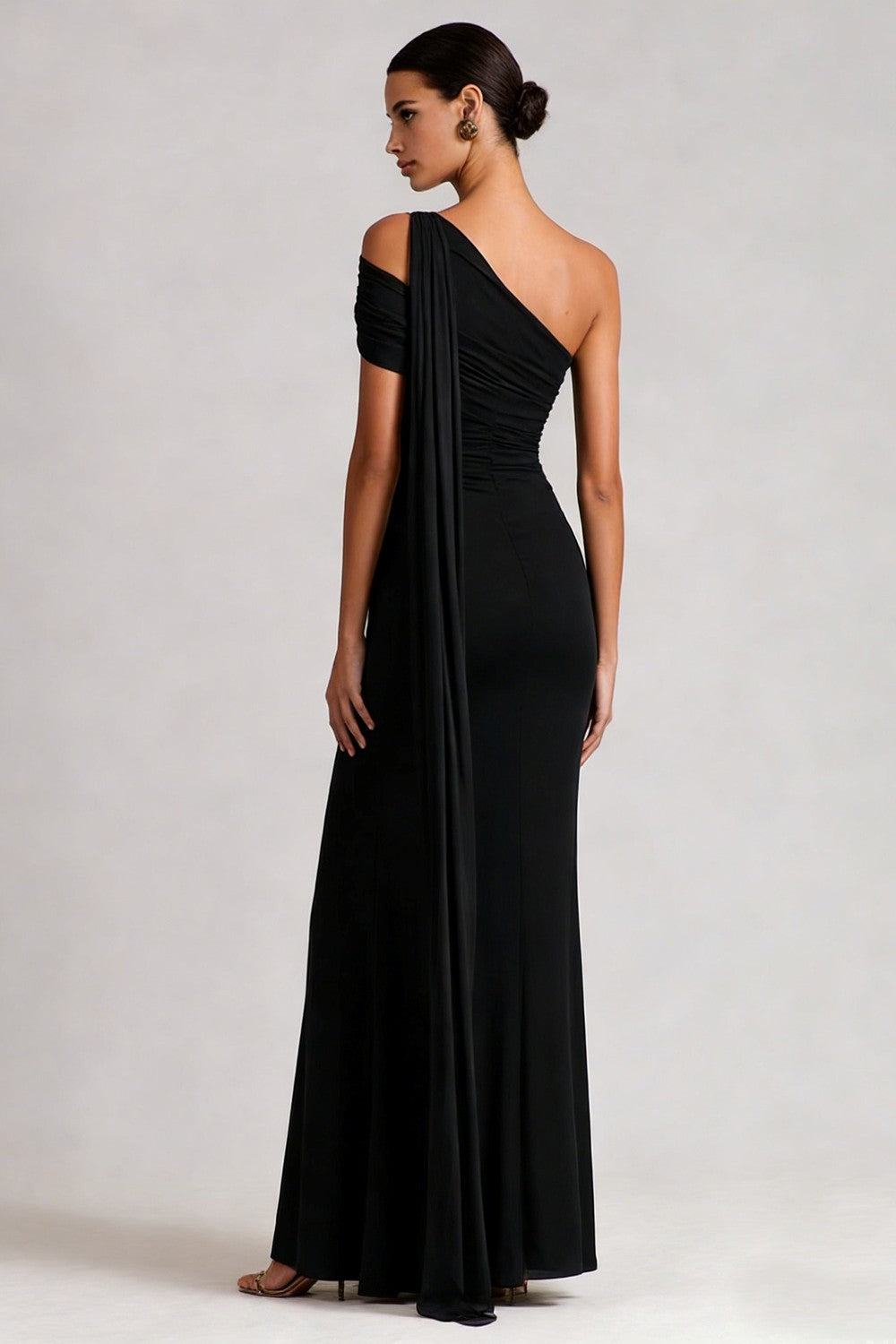 Black Mermaid One Shoulder Long Wedding Guest Dress with Side Cape