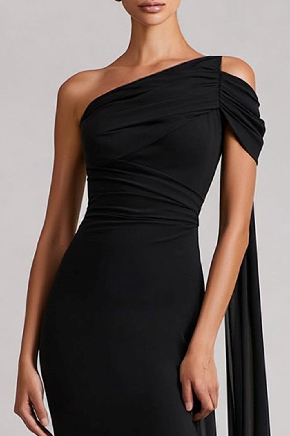 Black Mermaid One Shoulder Long Wedding Guest Dress with Side Cape