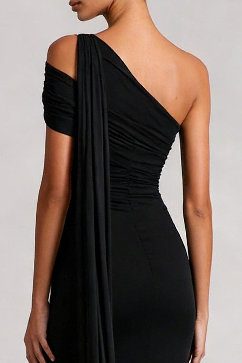 Black Mermaid One Shoulder Long Wedding Guest Dress with Side Cape