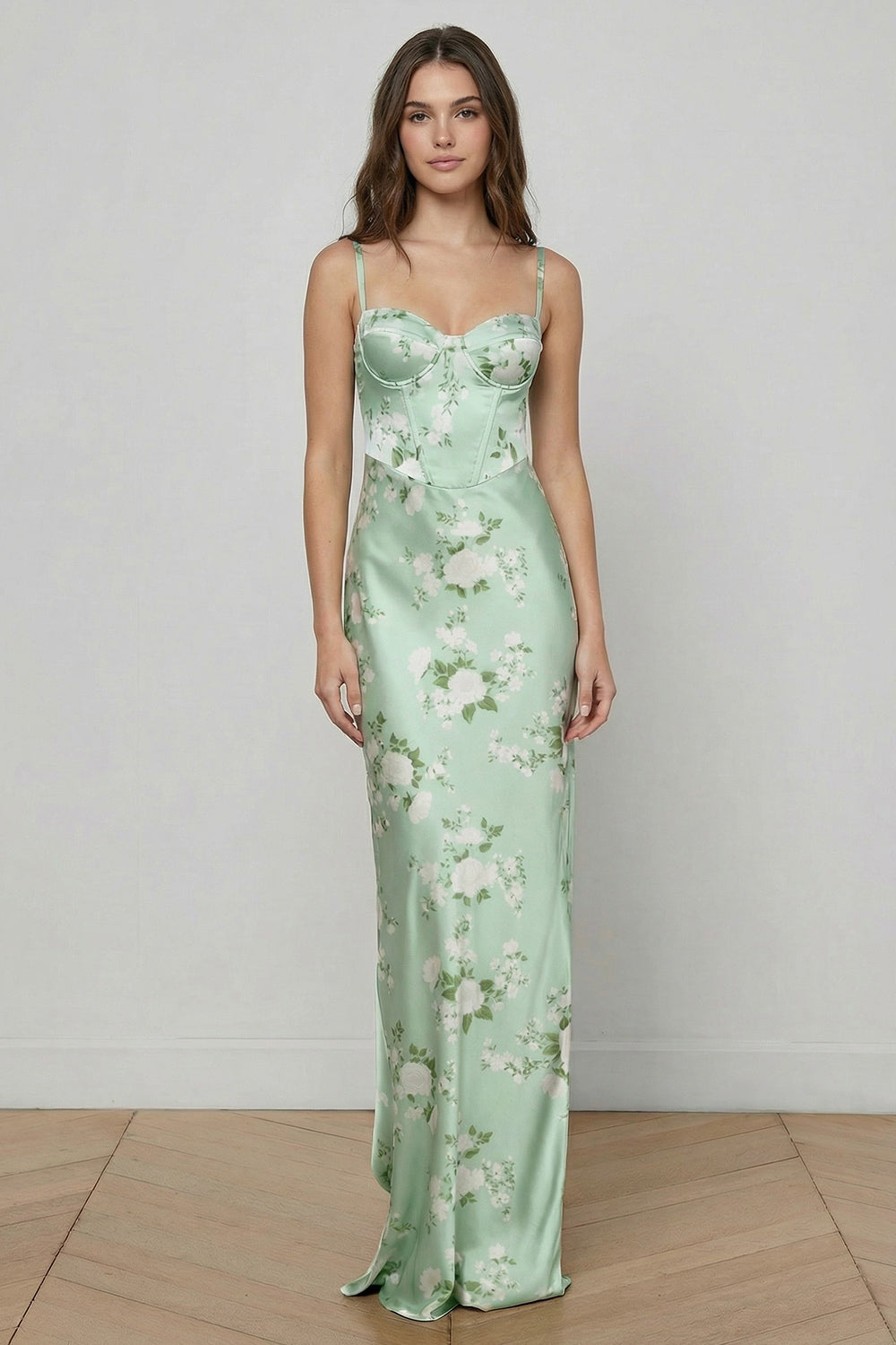 Floral Sage Green Satin Mermaid Spaghetti Straps Long Corset Wedding Guest Dress