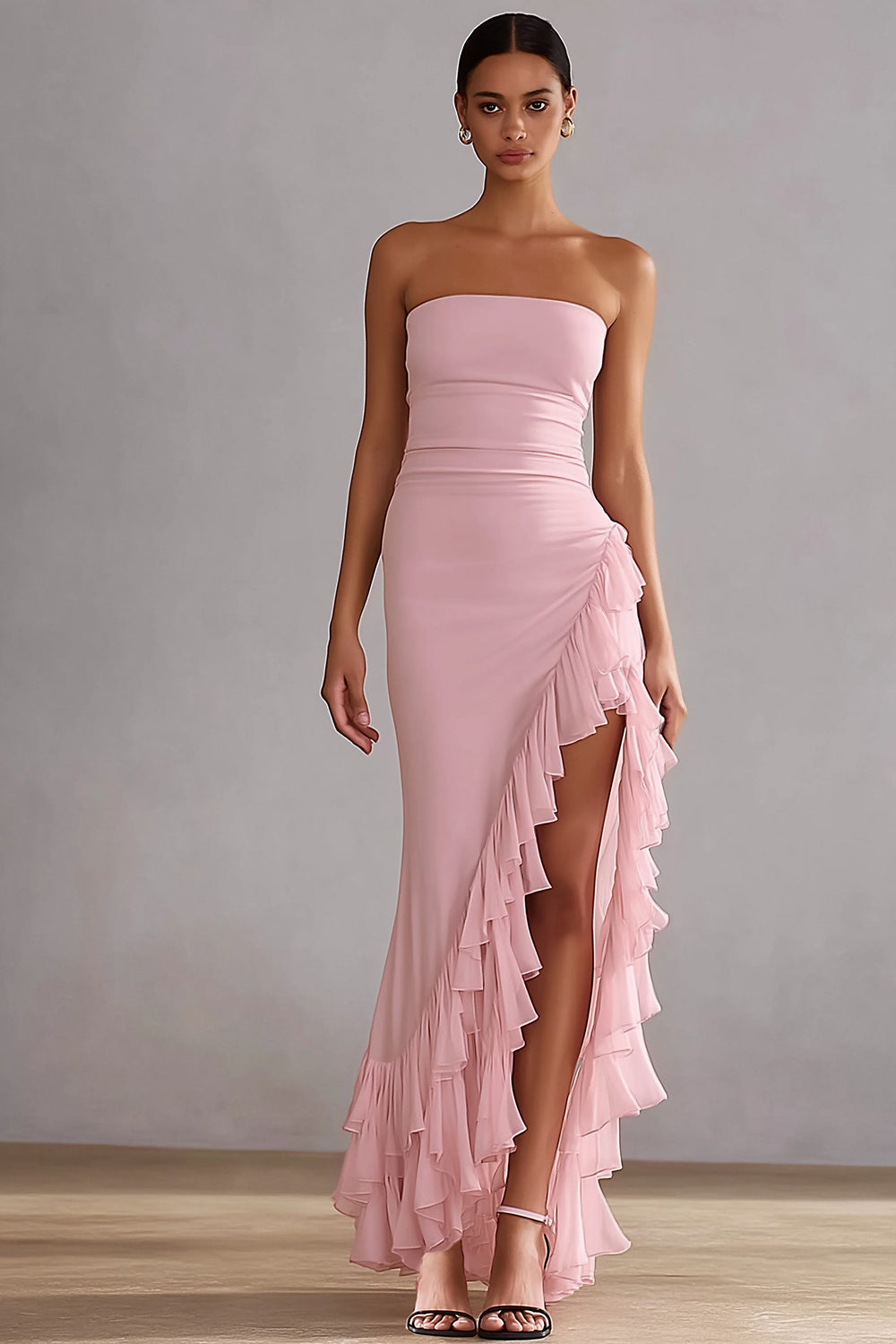 Pink Strapless Ruffled Mermaid Long Wedding Guest Dress with Slit