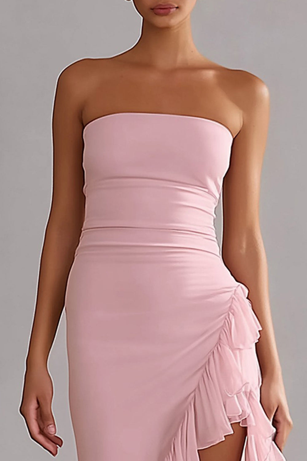 Pink Strapless Ruffled Mermaid Long Wedding Guest Dress with Slit