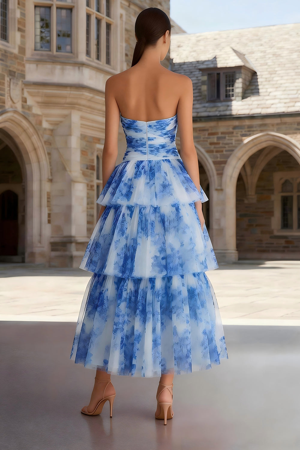 Floral Blue and White A Line Sweetheart Tiered Long Wedding Guest Dress