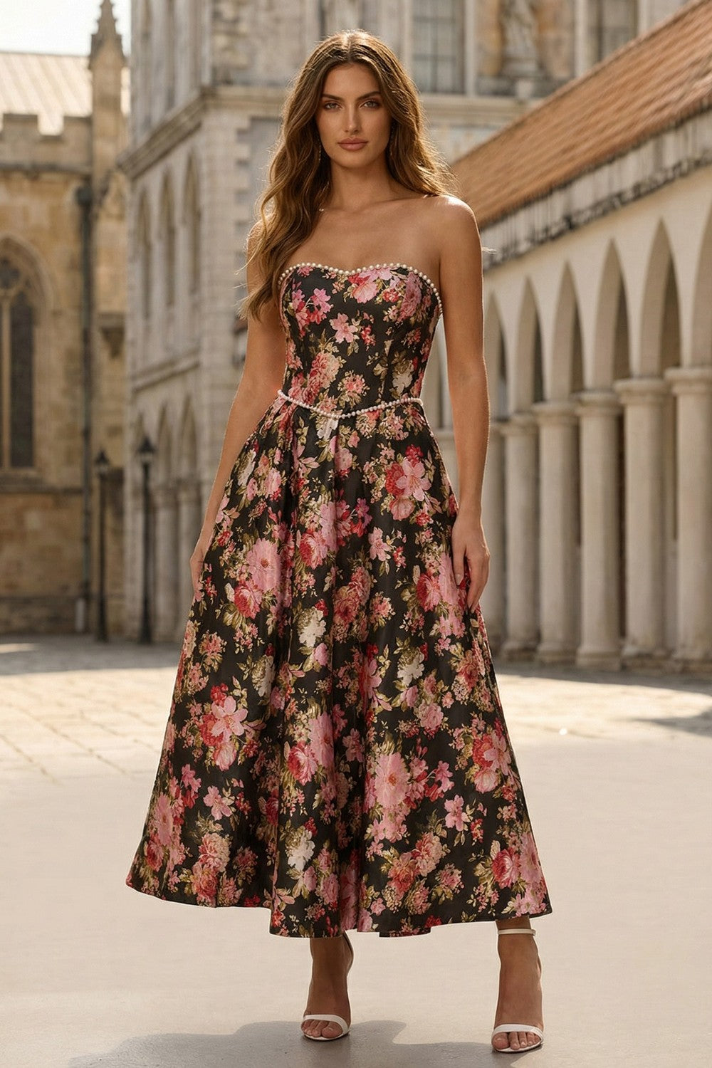 Floral Black and Pink A Line Strapless Long Wedding Guest Dress with Pearls