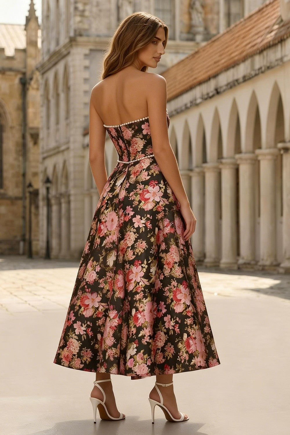 Floral Black and Pink A Line Strapless Long Wedding Guest Dress with Pearls