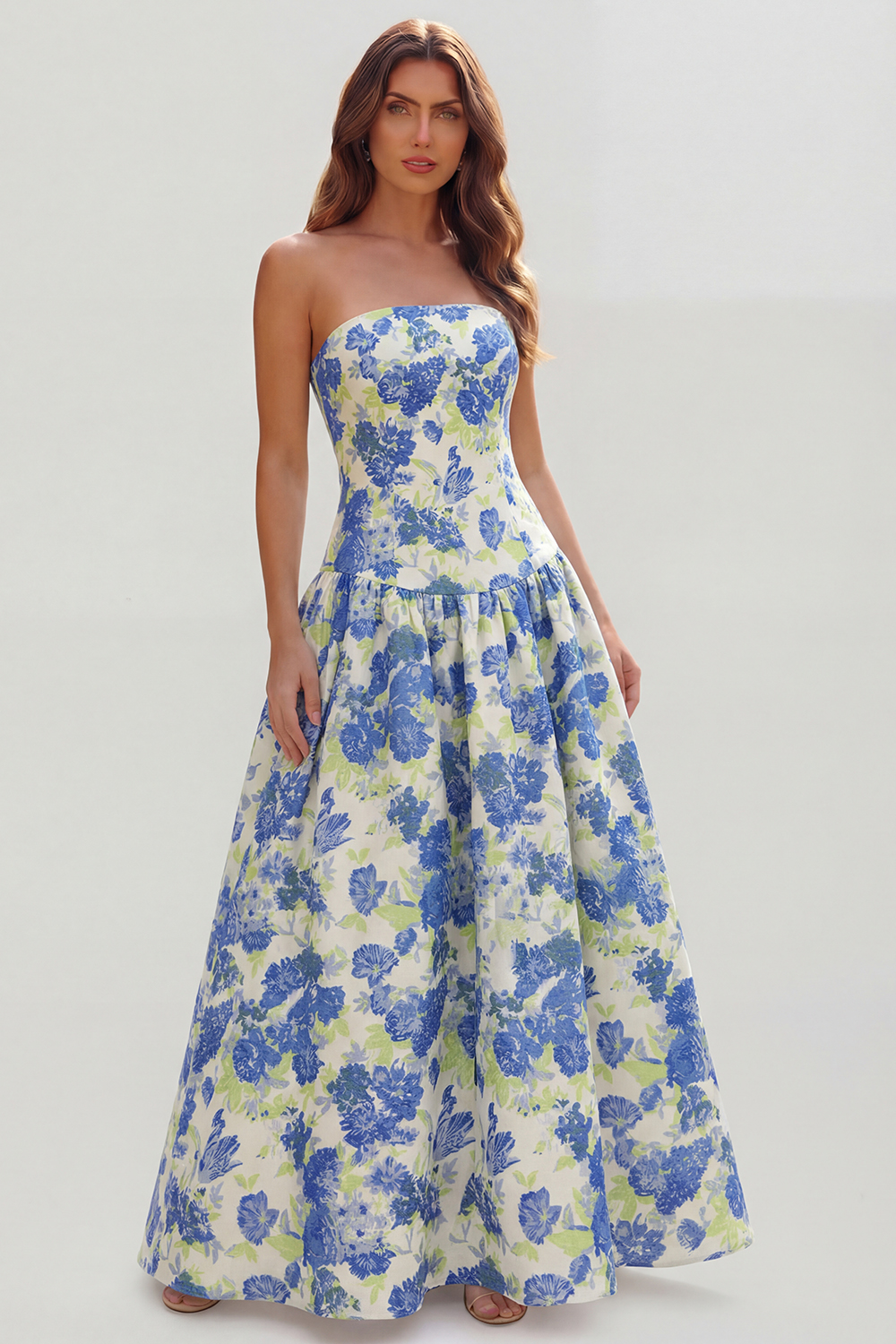 Floral Royal Blue A Line Strapless Long Wedding Guest Dress