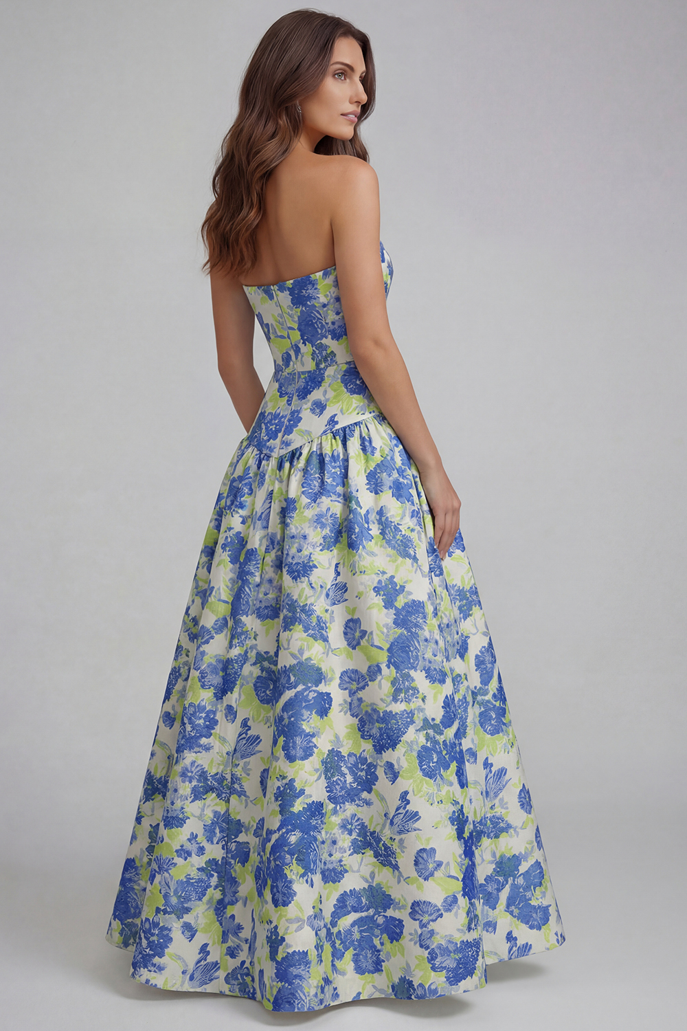 Floral Royal Blue A Line Strapless Long Wedding Guest Dress