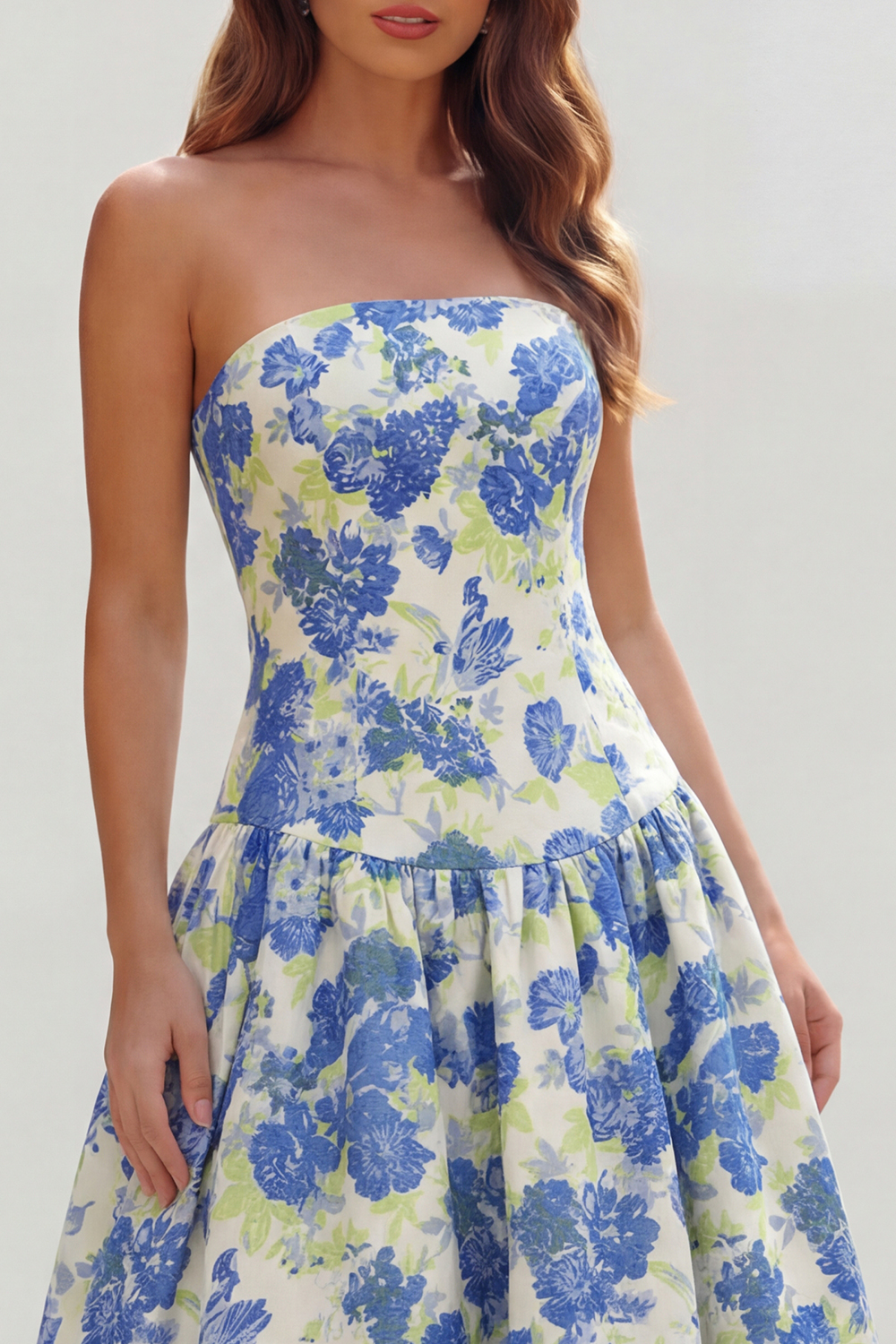 Floral Royal Blue A Line Strapless Long Wedding Guest Dress