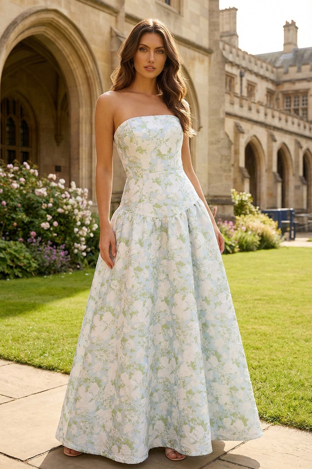 Blue and White Floral A Line Strapless Long Wedding Guest Dress