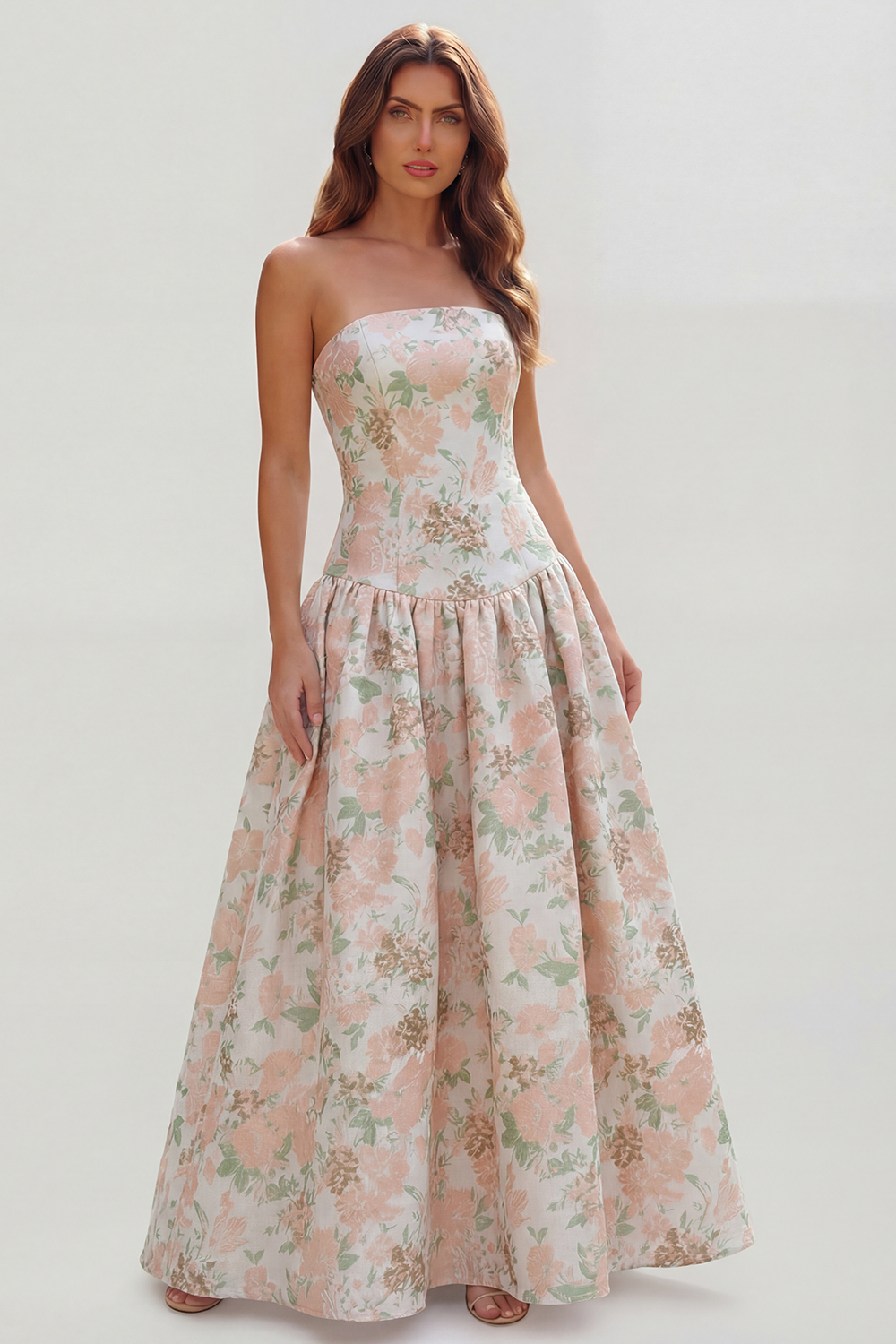 Floral Royal Blue A Line Strapless Long Wedding Guest Dress