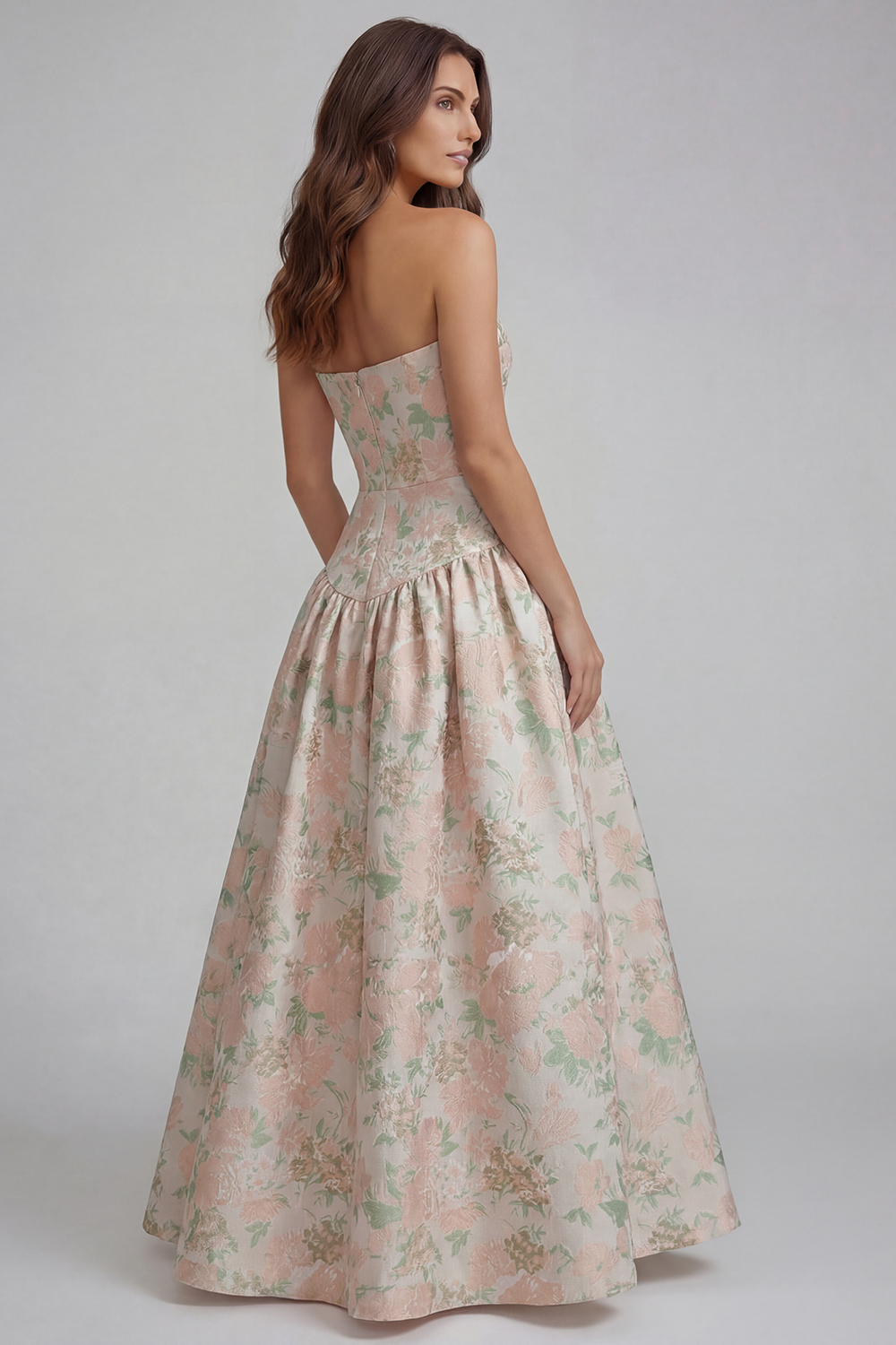 Floral Royal Blue A Line Strapless Long Wedding Guest Dress