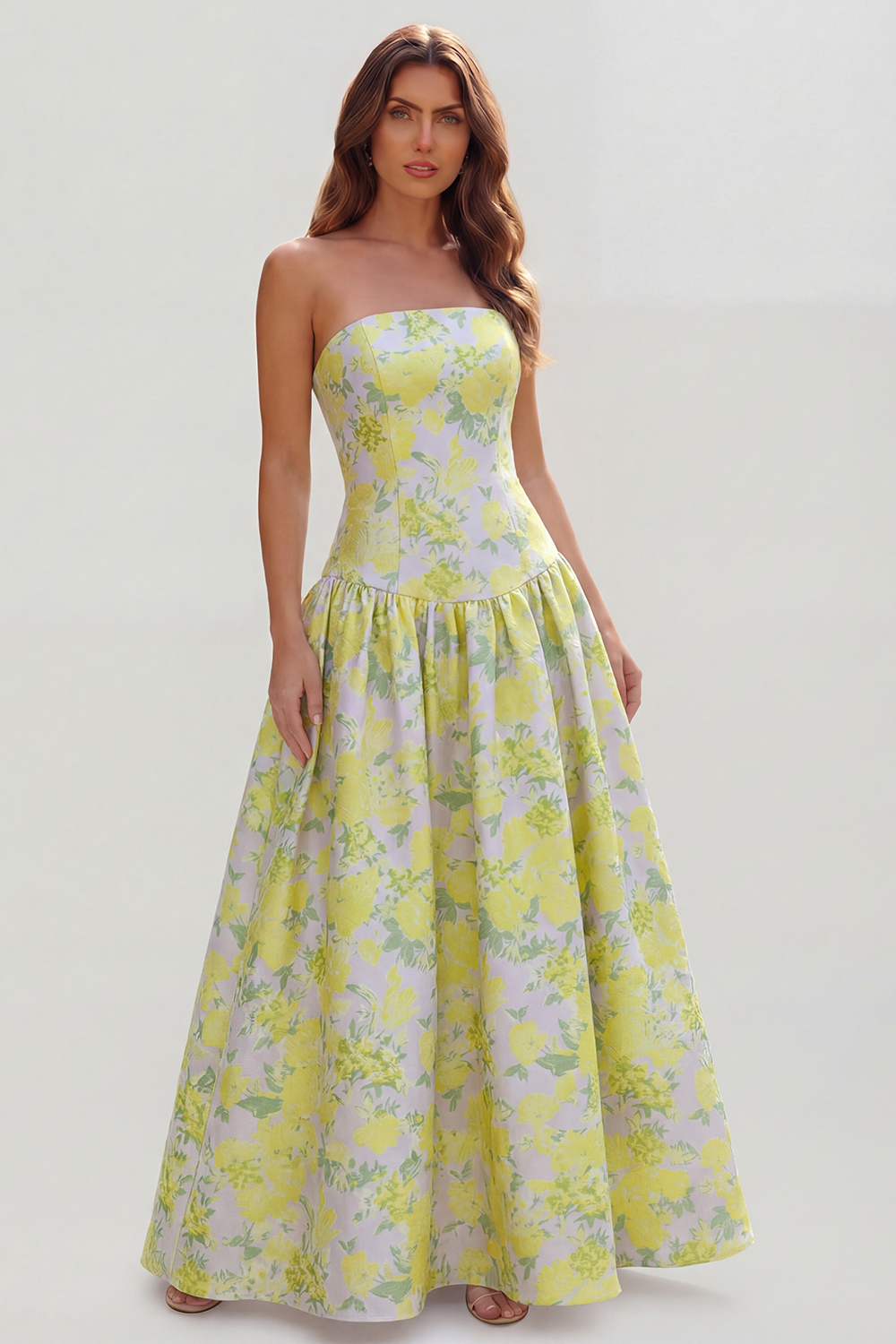 Floral Royal Blue A Line Strapless Long Wedding Guest Dress