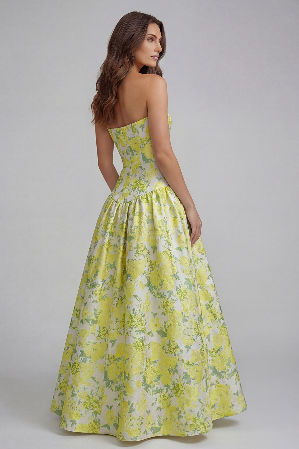 Floral Royal Blue A Line Strapless Long Wedding Guest Dress