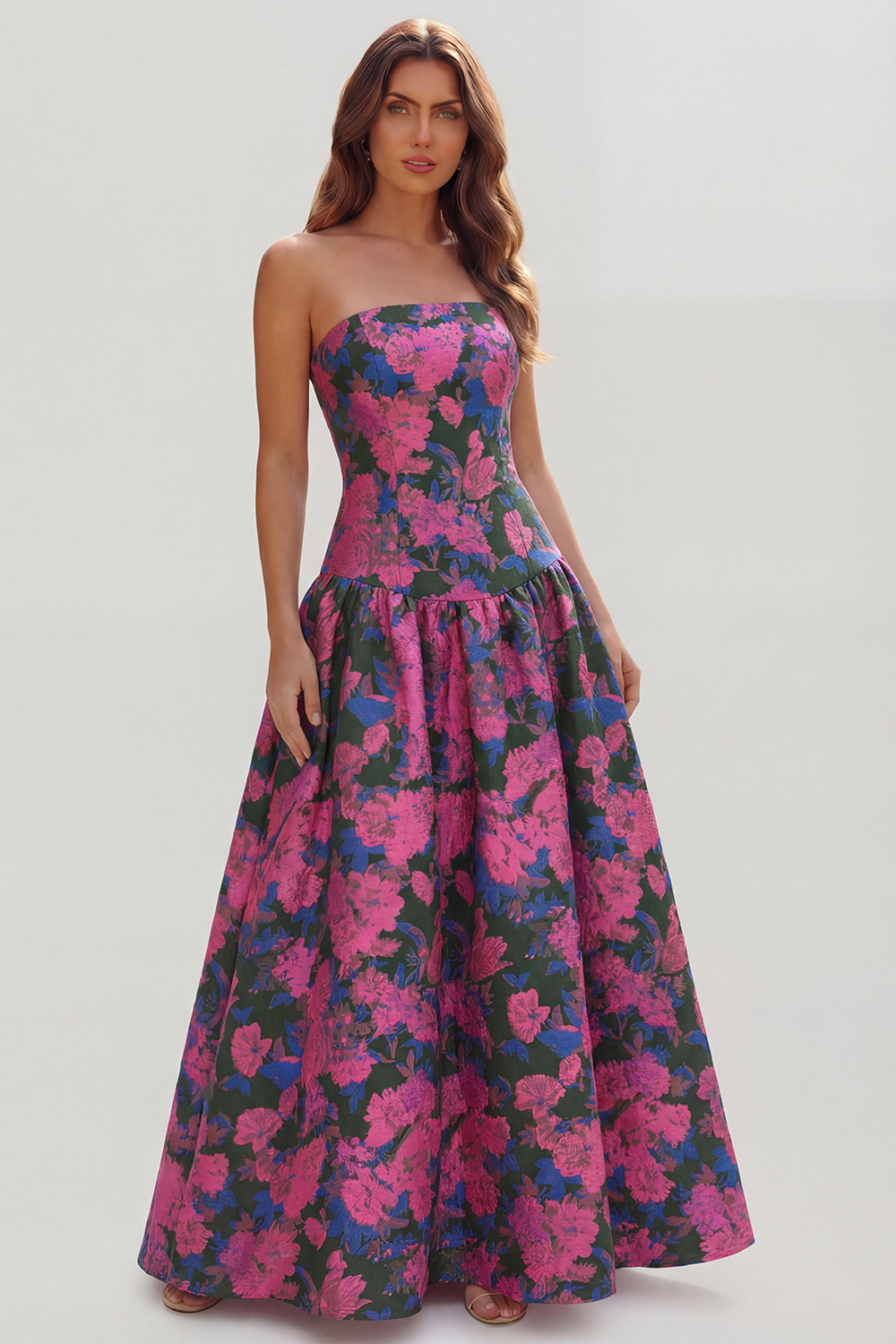 Floral Royal Blue A Line Strapless Long Wedding Guest Dress