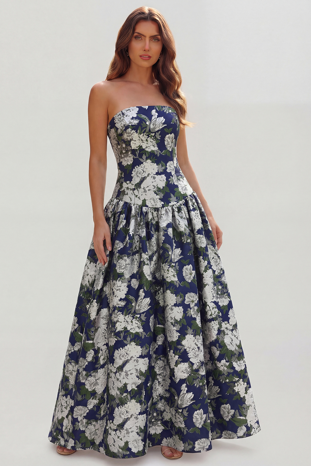 Floral Royal Blue A Line Strapless Long Wedding Guest Dress