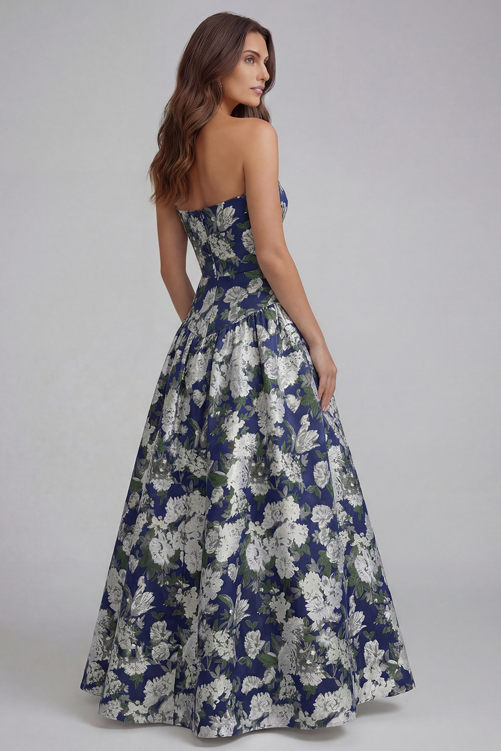 Floral Royal Blue A Line Strapless Long Wedding Guest Dress