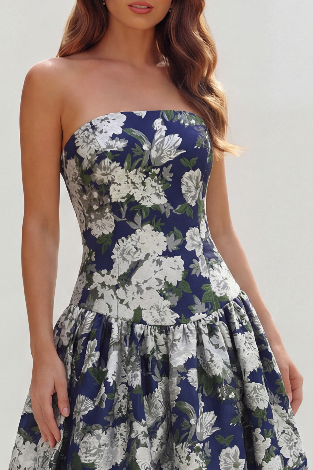 Floral Royal Blue A Line Strapless Long Wedding Guest Dress