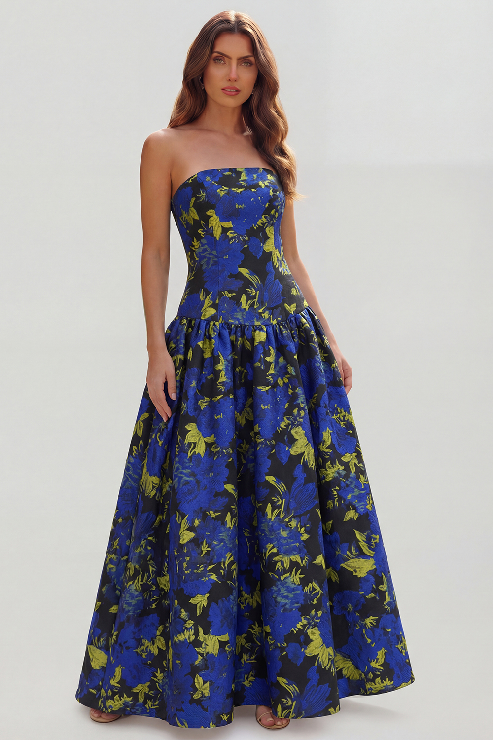 Floral Royal Blue A Line Strapless Long Wedding Guest Dress