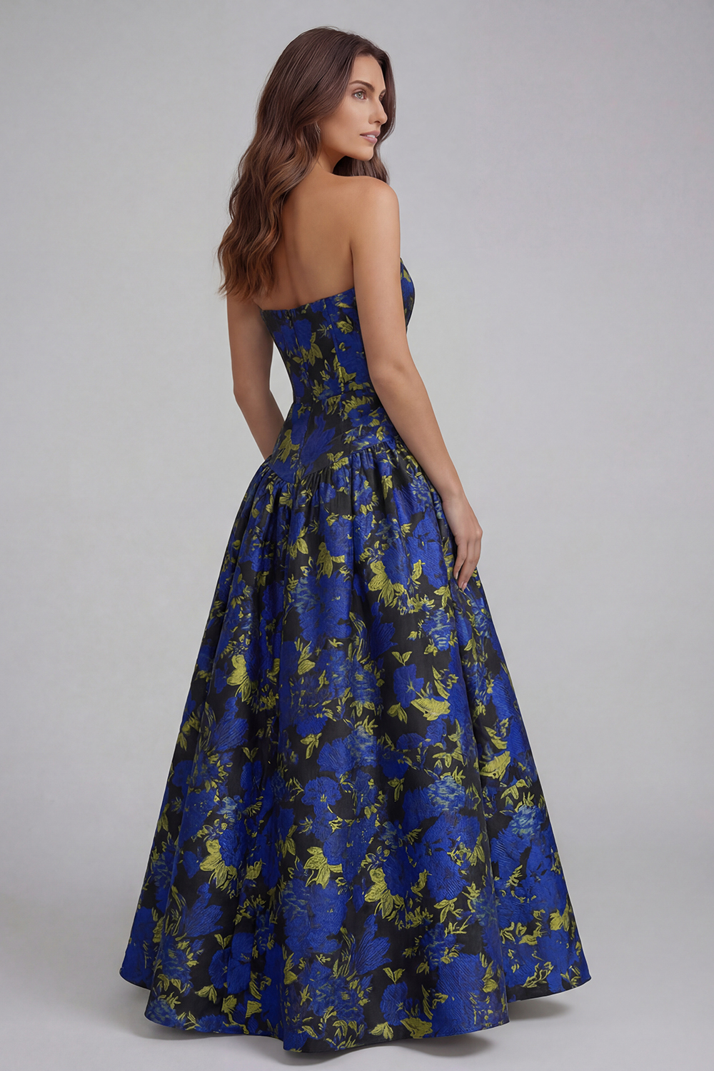 Floral Royal Blue A Line Strapless Long Wedding Guest Dress
