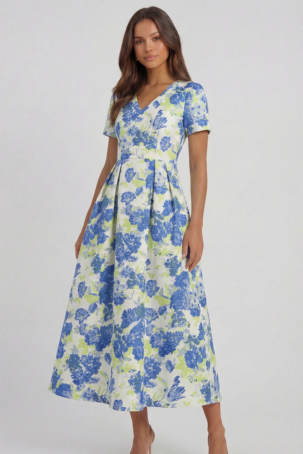 Floral Blue and White A Line V Neck Midi Wedding Guest Dress with Sleeves