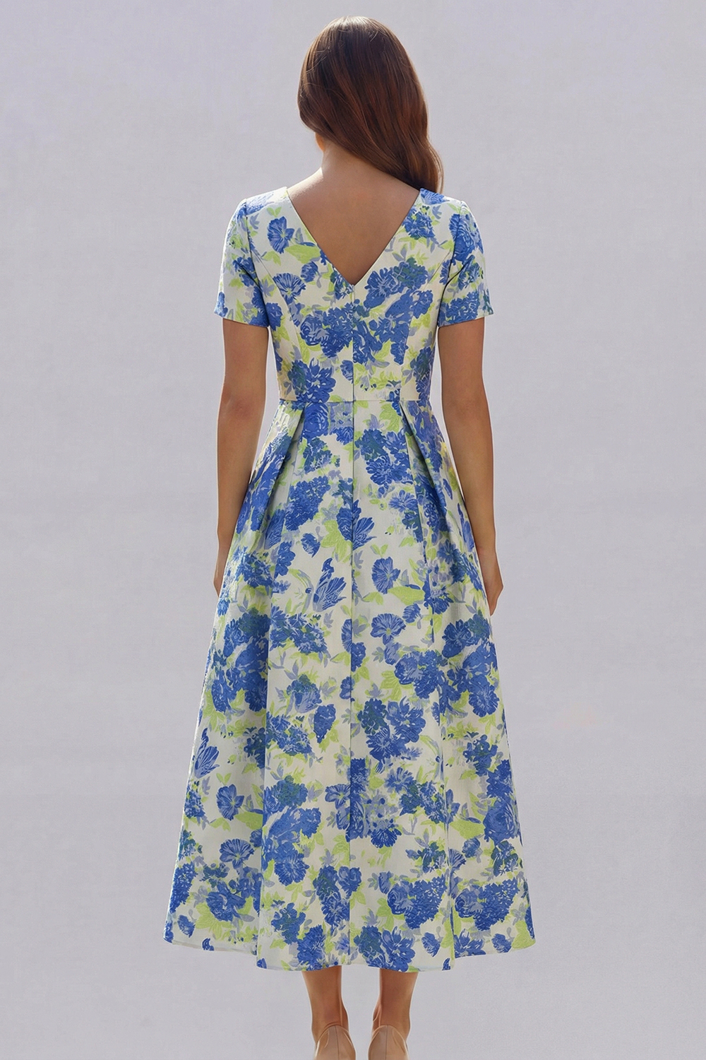 Floral Blue and White A Line V Neck Midi Wedding Guest Dress with Sleeves