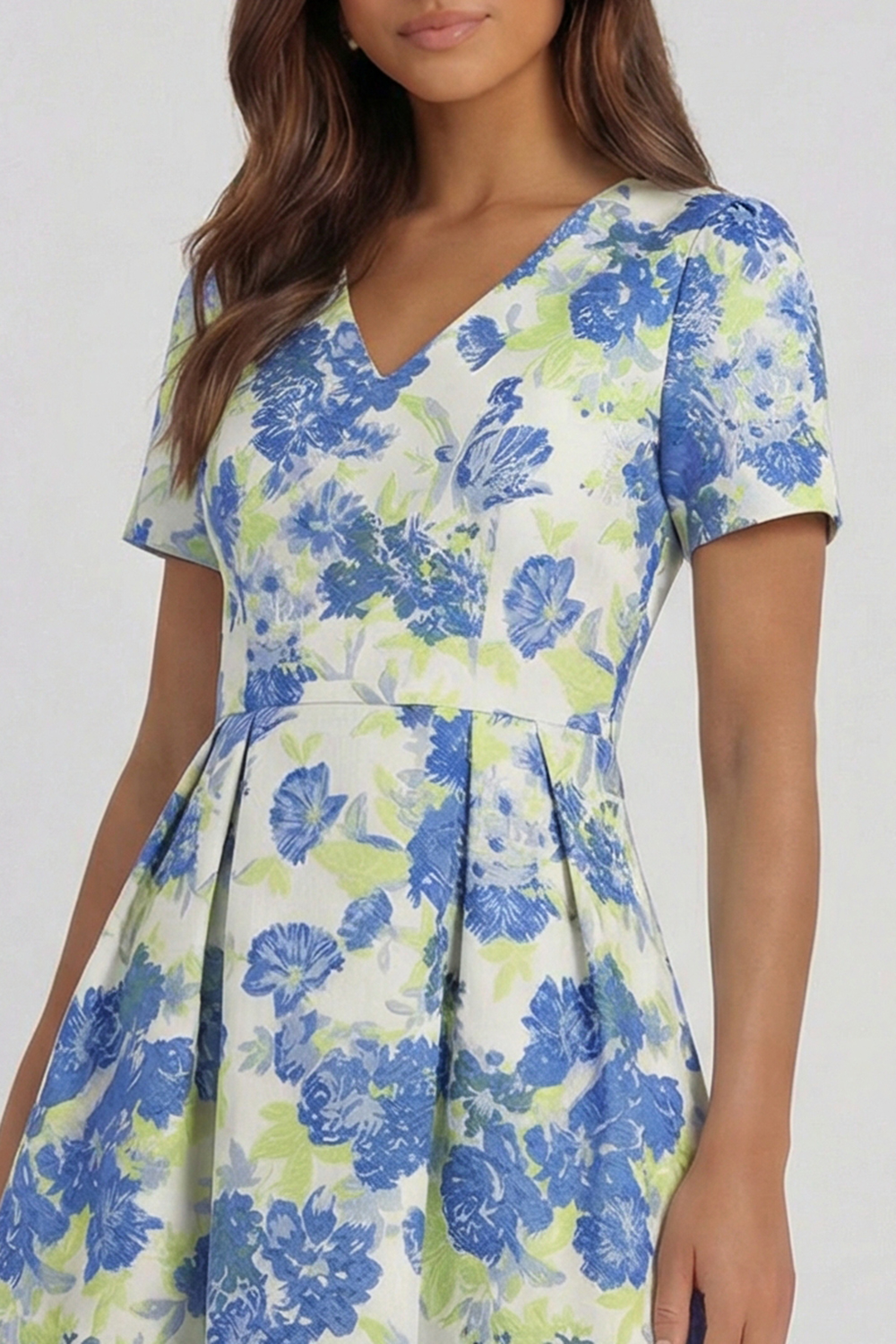 Floral Blue and White A Line V Neck Midi Wedding Guest Dress with Sleeves