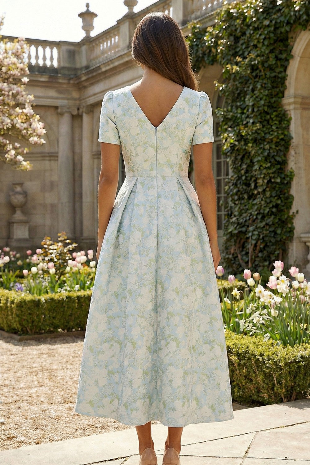 Floral Blue and White A Line V Neck Ankle Length Wedding Guest Dress with Sleeves