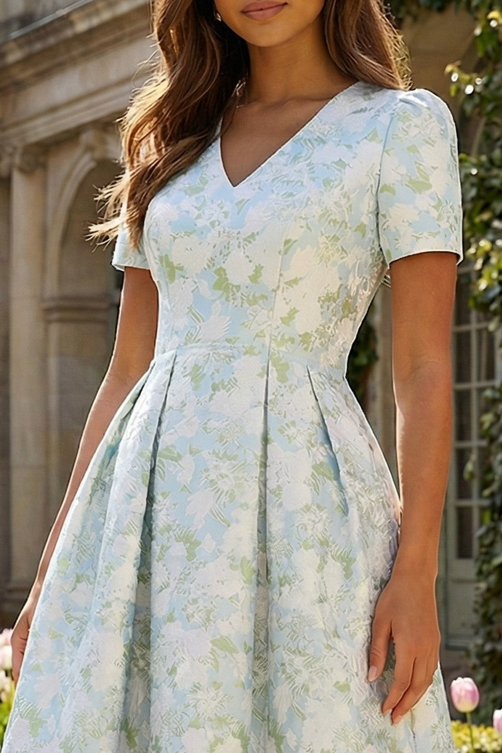 Floral Blue and White A Line V Neck Ankle Length Wedding Guest Dress with Sleeves