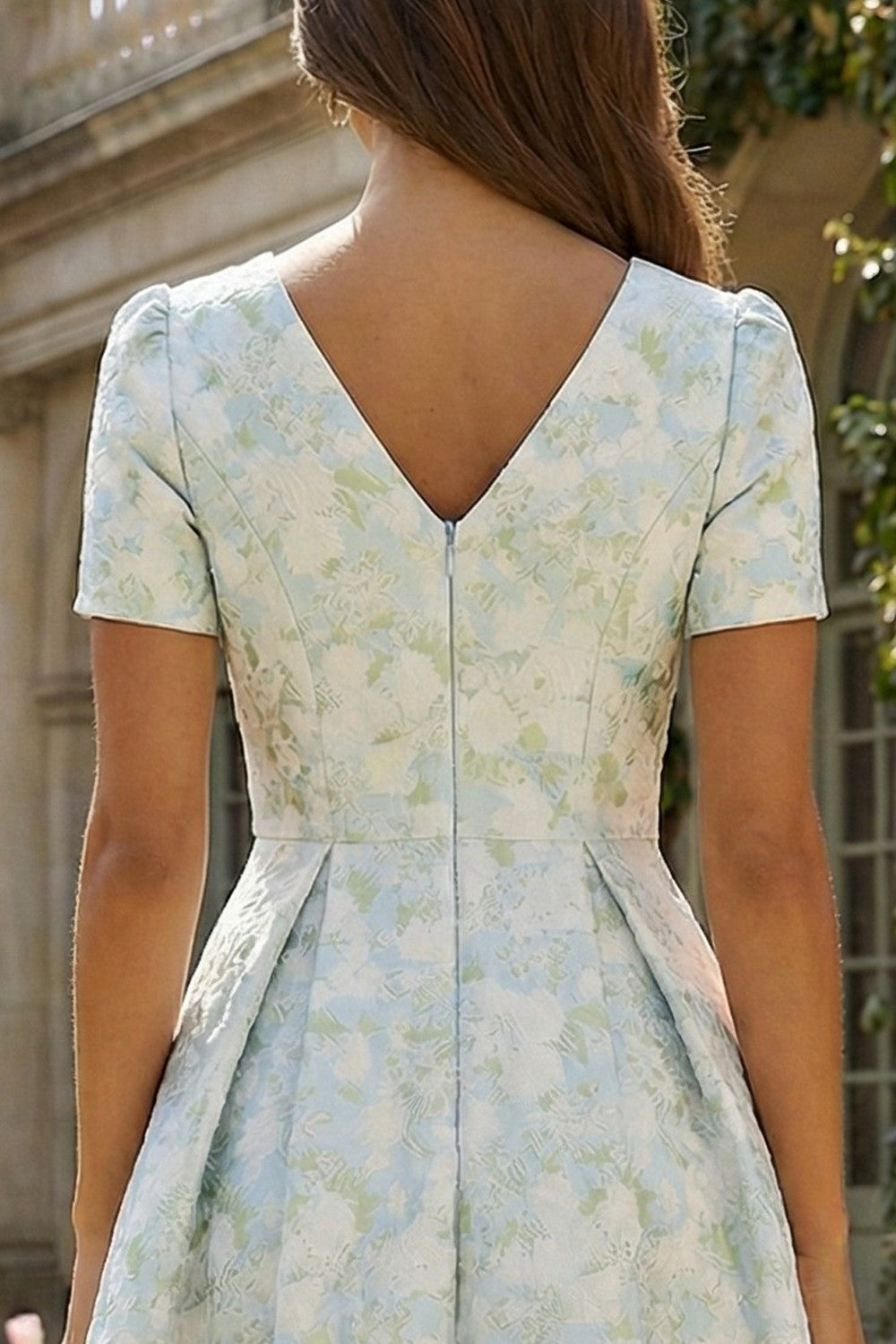 Floral Blue and White A Line V Neck Ankle Length Wedding Guest Dress with Sleeves