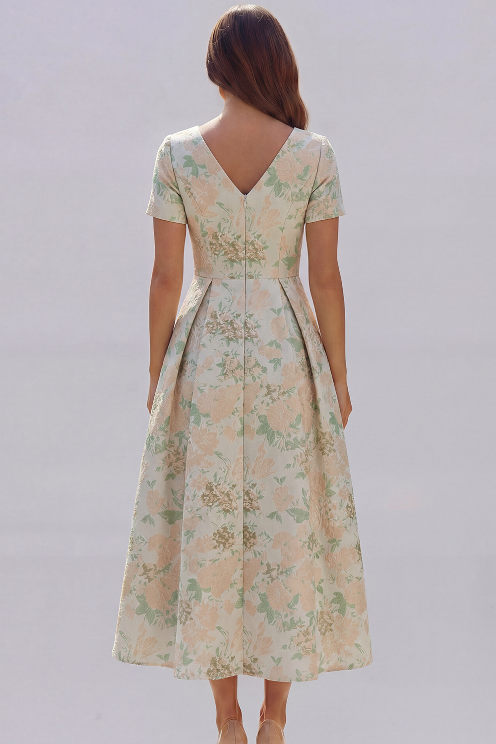 Floral Blue and White A Line V Neck Midi Wedding Guest Dress with Sleeves