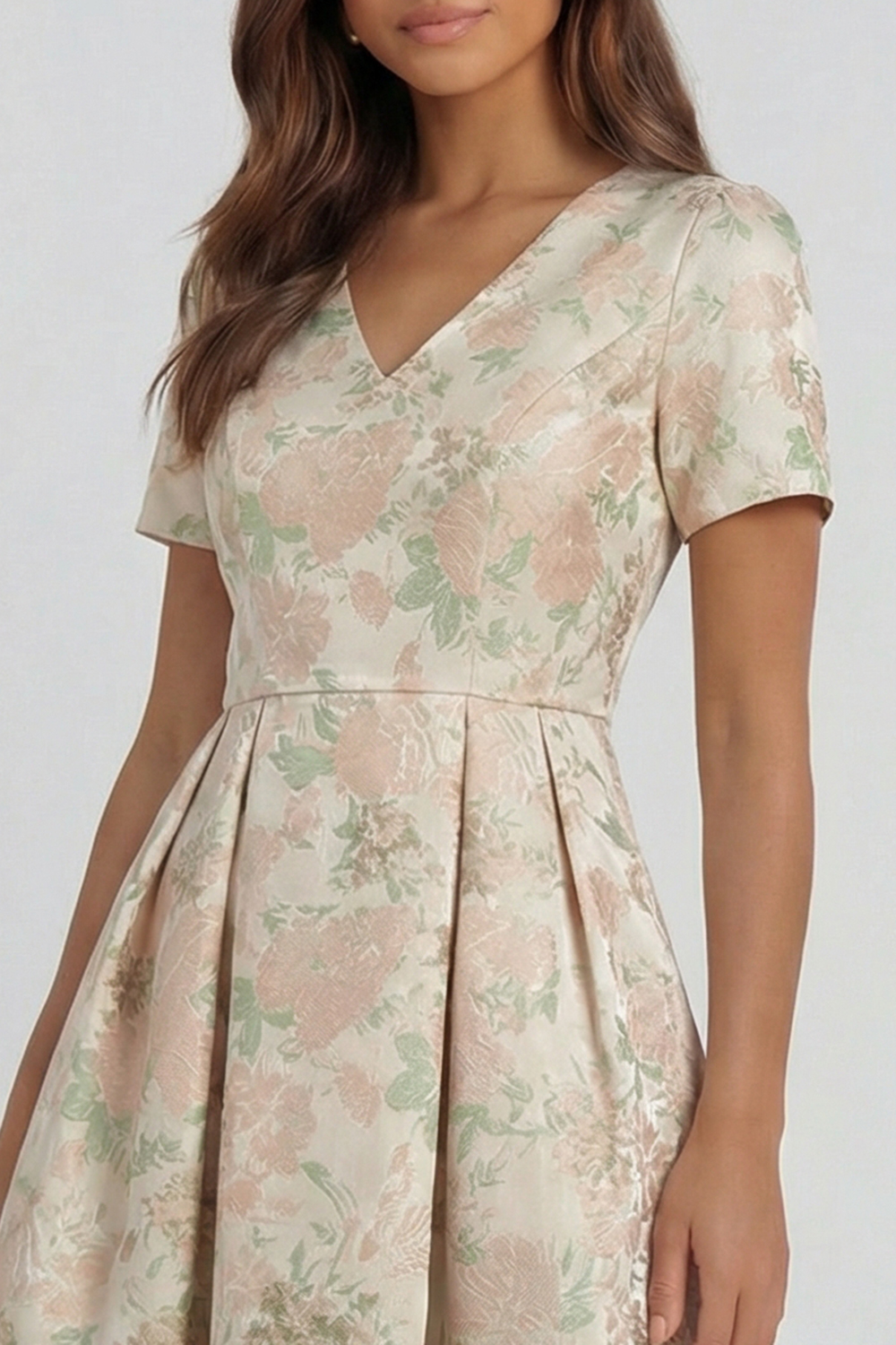 Floral Blue and White A Line V Neck Midi Wedding Guest Dress with Sleeves