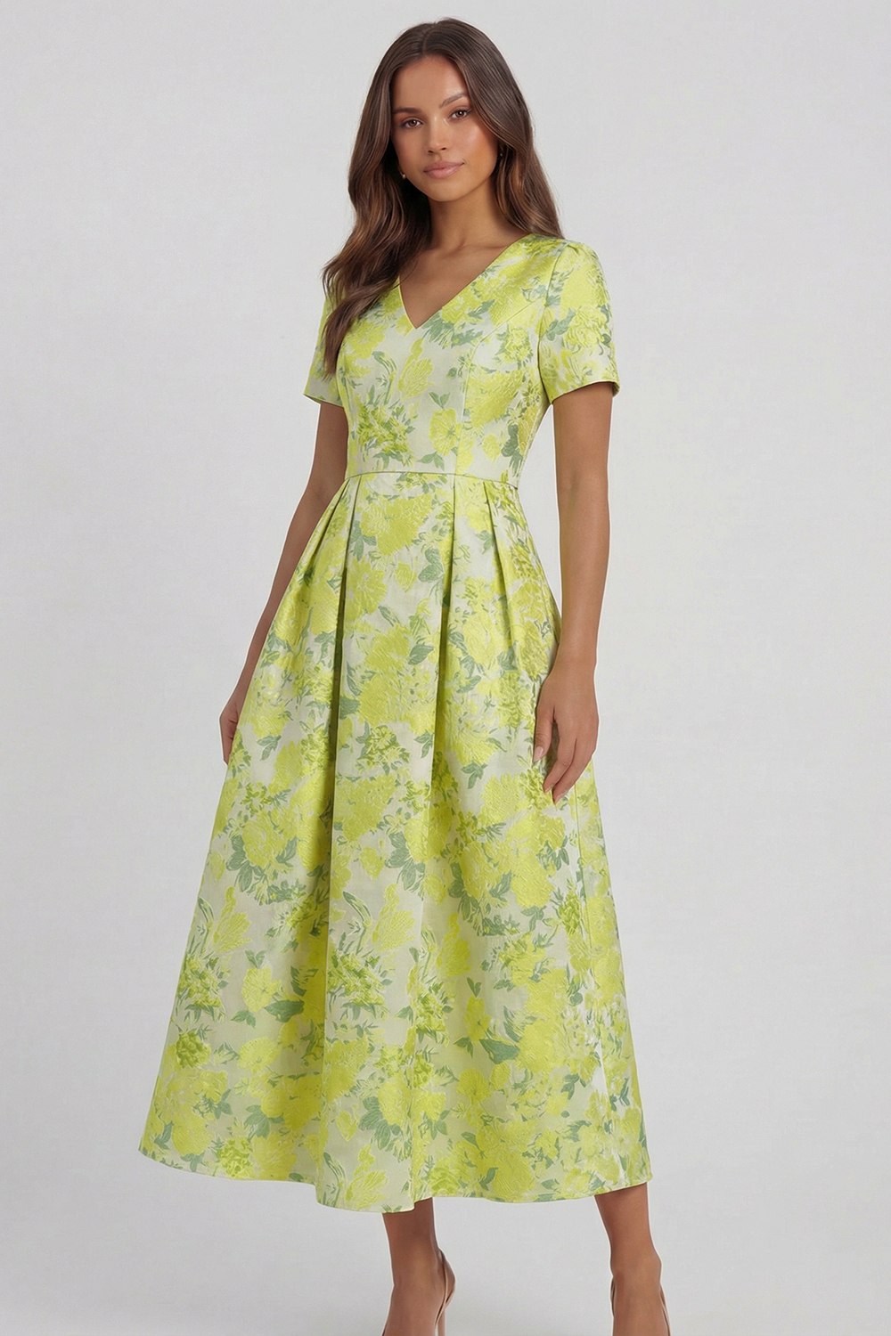 Floral Blue and White A Line V Neck Midi Wedding Guest Dress with Sleeves