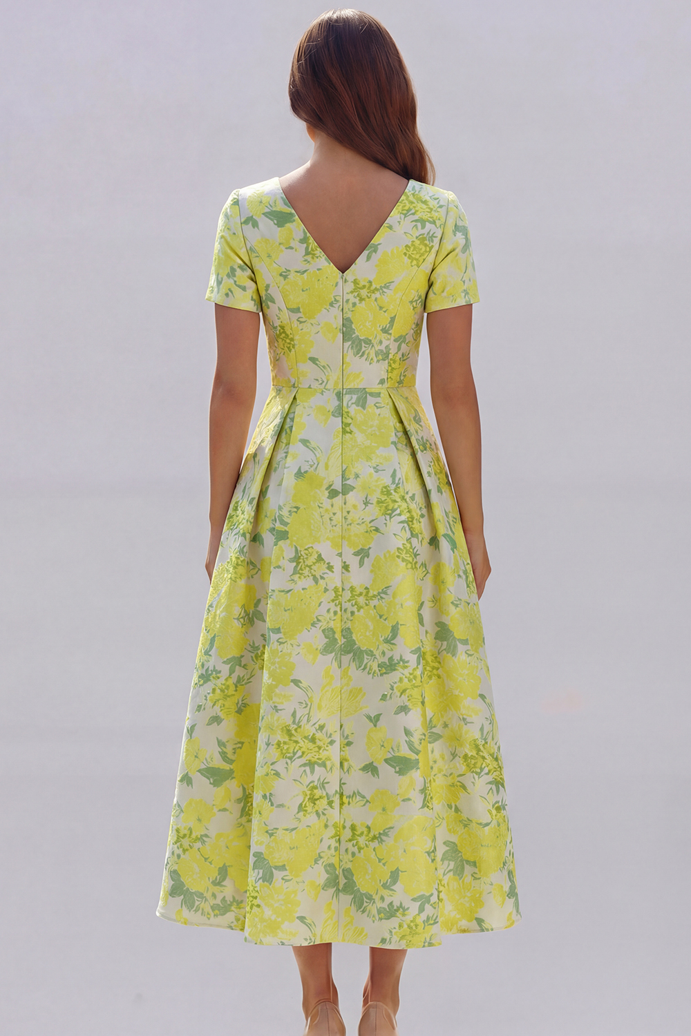 Floral Blue and White A Line V Neck Midi Wedding Guest Dress with Sleeves