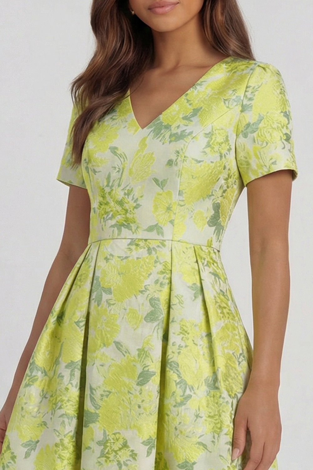 Floral Blue and White A Line V Neck Midi Wedding Guest Dress with Sleeves