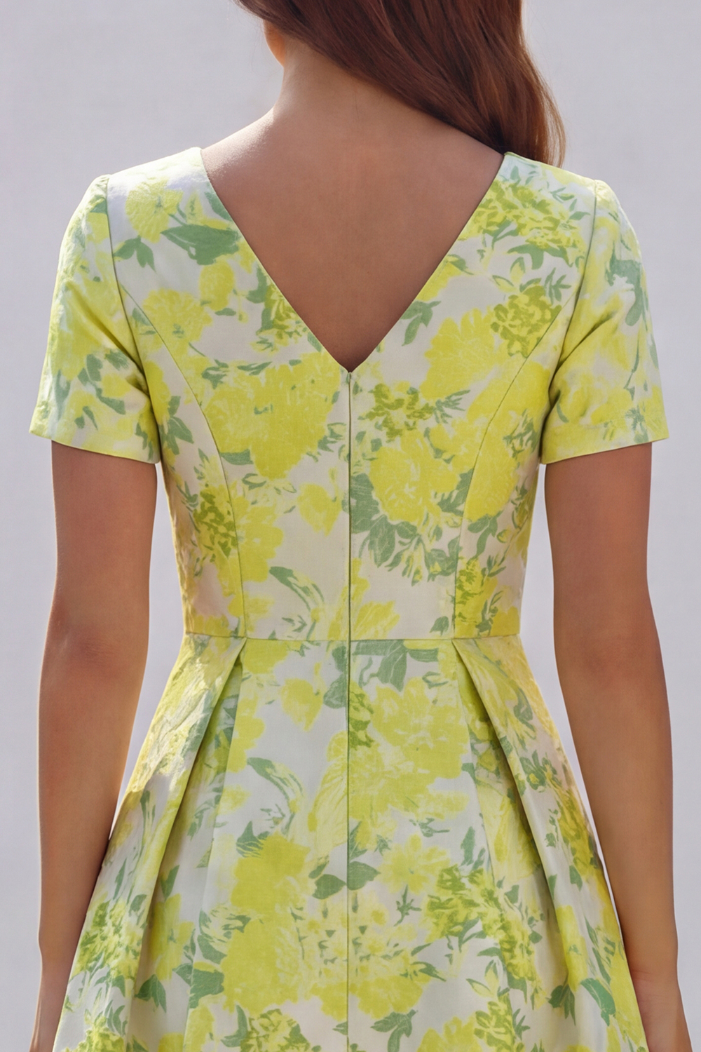 Floral Blue and White A Line V Neck Midi Wedding Guest Dress with Sleeves