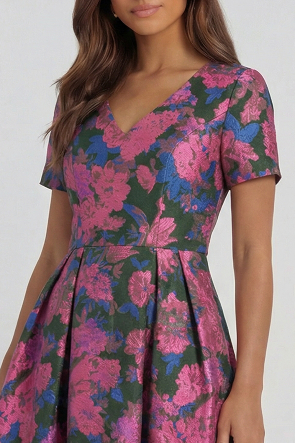 Floral Blue and White A Line V Neck Midi Wedding Guest Dress with Sleeves