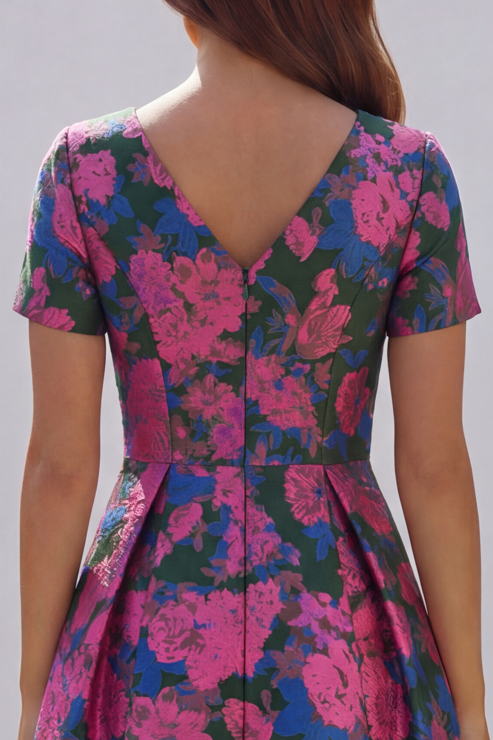 Floral Blue and White A Line V Neck Midi Wedding Guest Dress with Sleeves