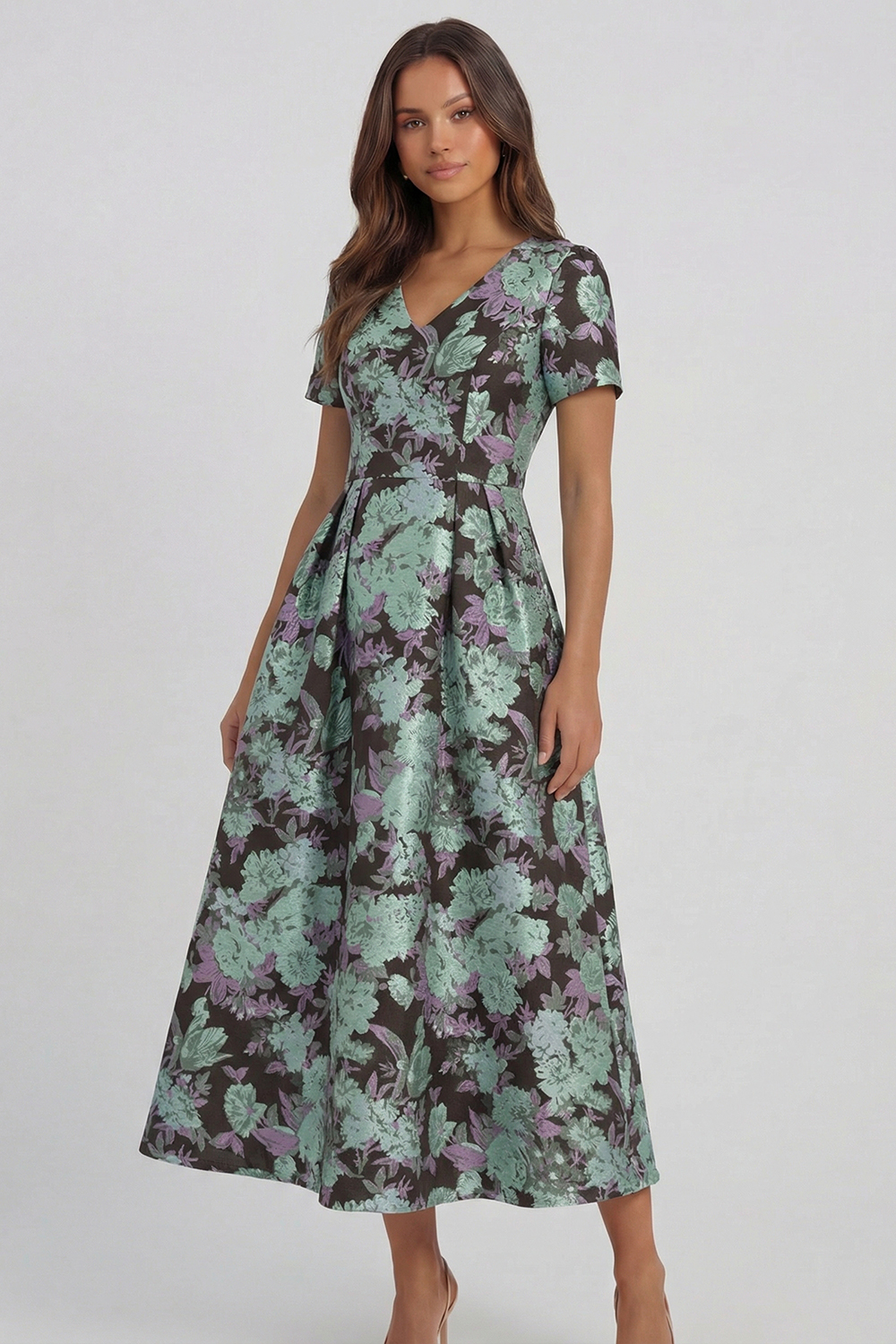 Floral Blue and White A Line V Neck Midi Wedding Guest Dress with Sleeves