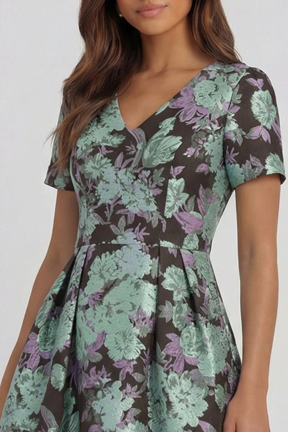 Floral Blue and White A Line V Neck Midi Wedding Guest Dress with Sleeves