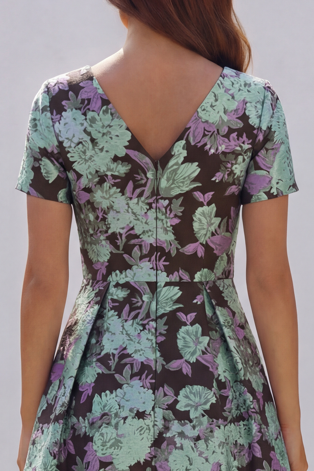 Floral Blue and White A Line V Neck Midi Wedding Guest Dress with Sleeves