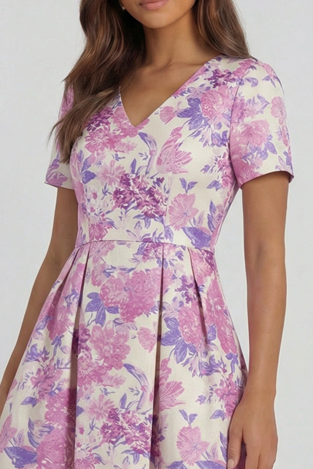 Floral Blue and White A Line V Neck Midi Wedding Guest Dress with Sleeves