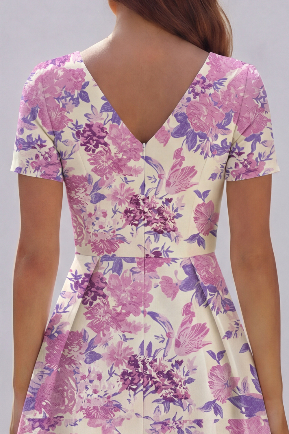 Floral Blue and White A Line V Neck Midi Wedding Guest Dress with Sleeves