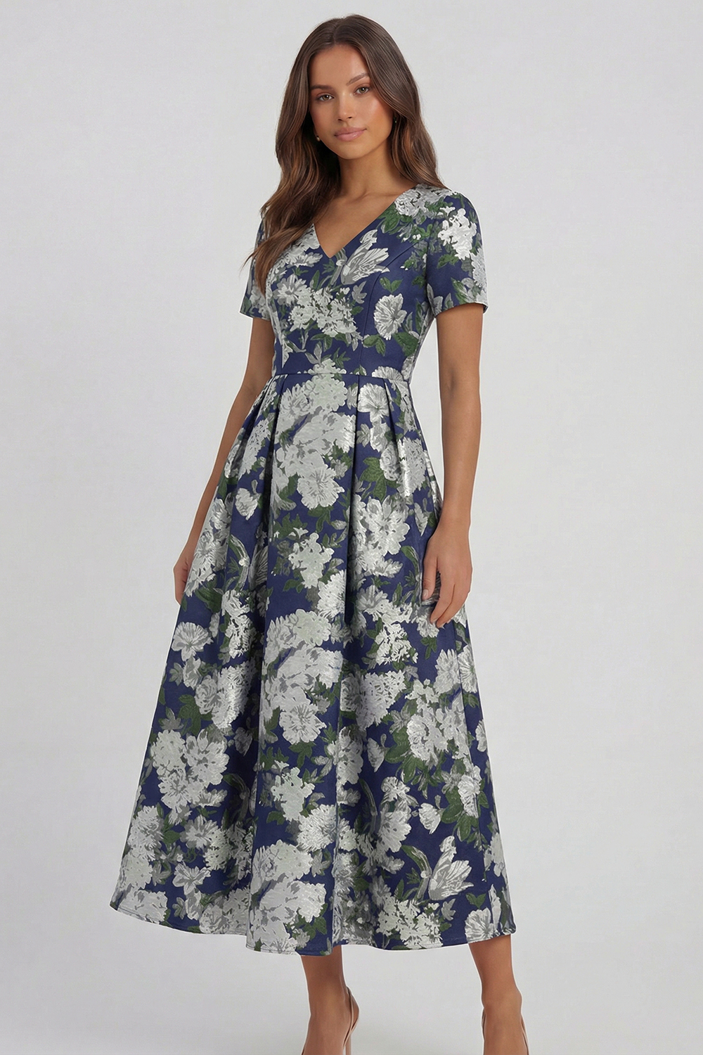 Floral Blue and White A Line V Neck Midi Wedding Guest Dress with Sleeves