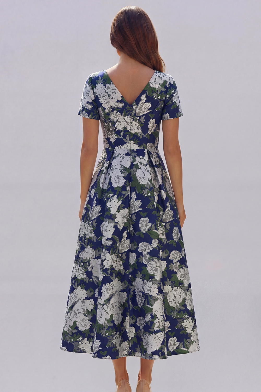 Floral Blue and White A Line V Neck Midi Wedding Guest Dress with Sleeves