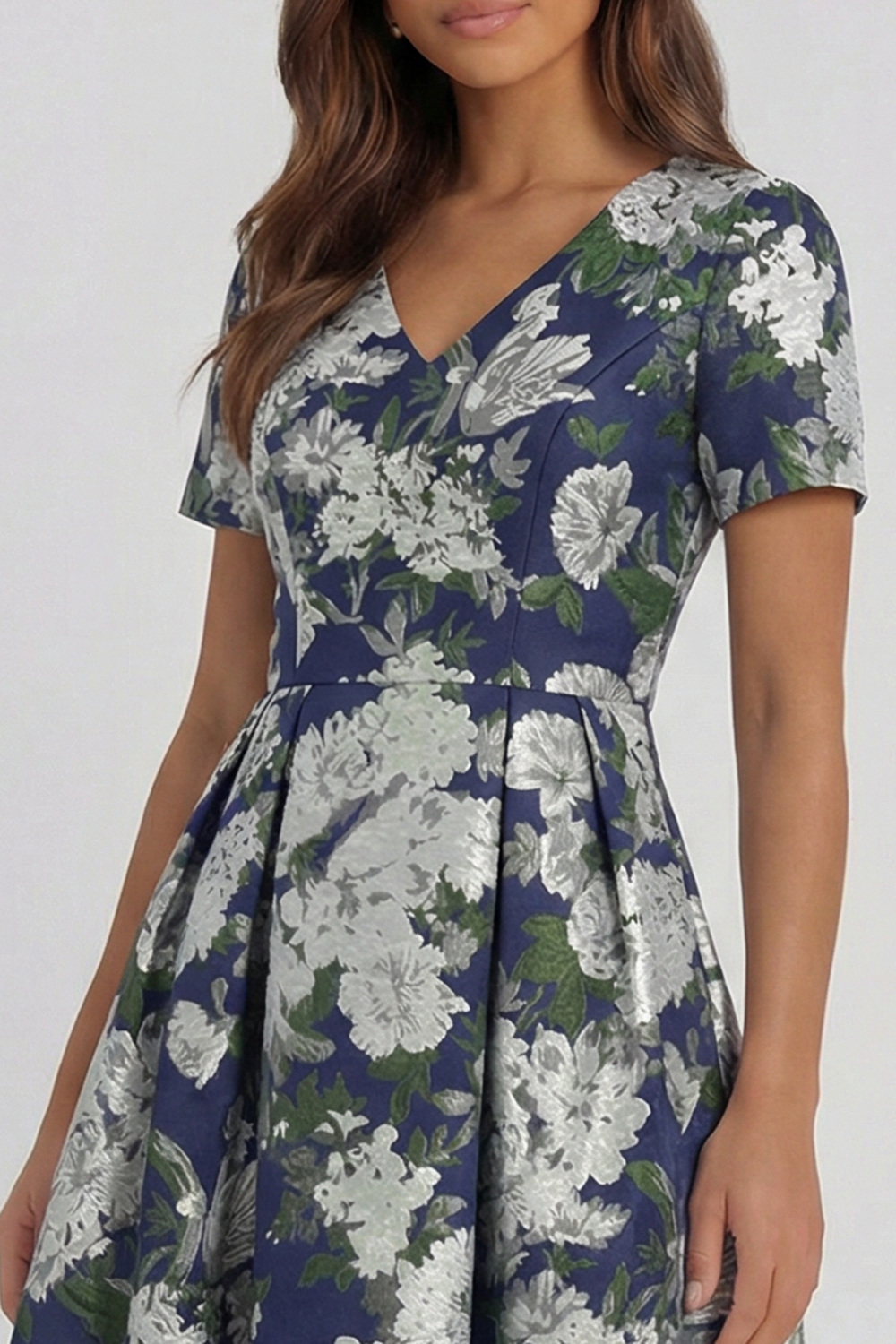 Floral Blue and White A Line V Neck Midi Wedding Guest Dress with Sleeves