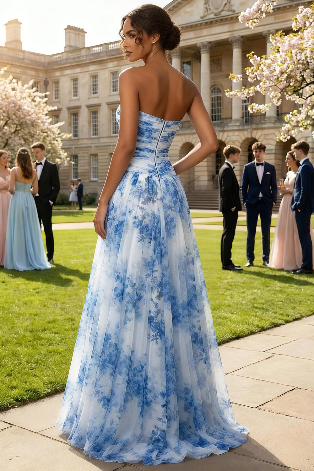 Floral White and Blue Strapless A Line Long Prom Dress